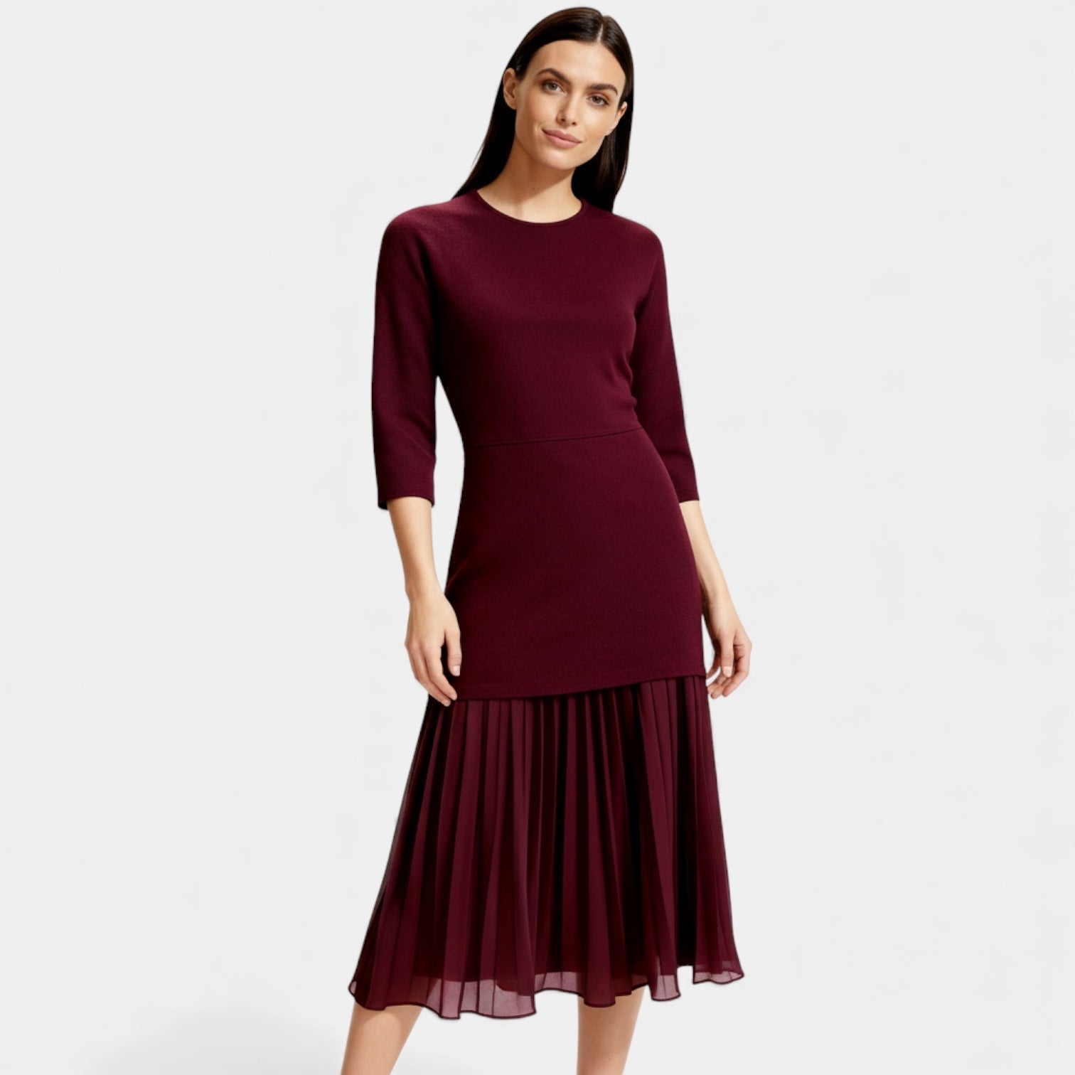 Women’s Elegant Long Sleeve Knit Midi Dress - Pleated