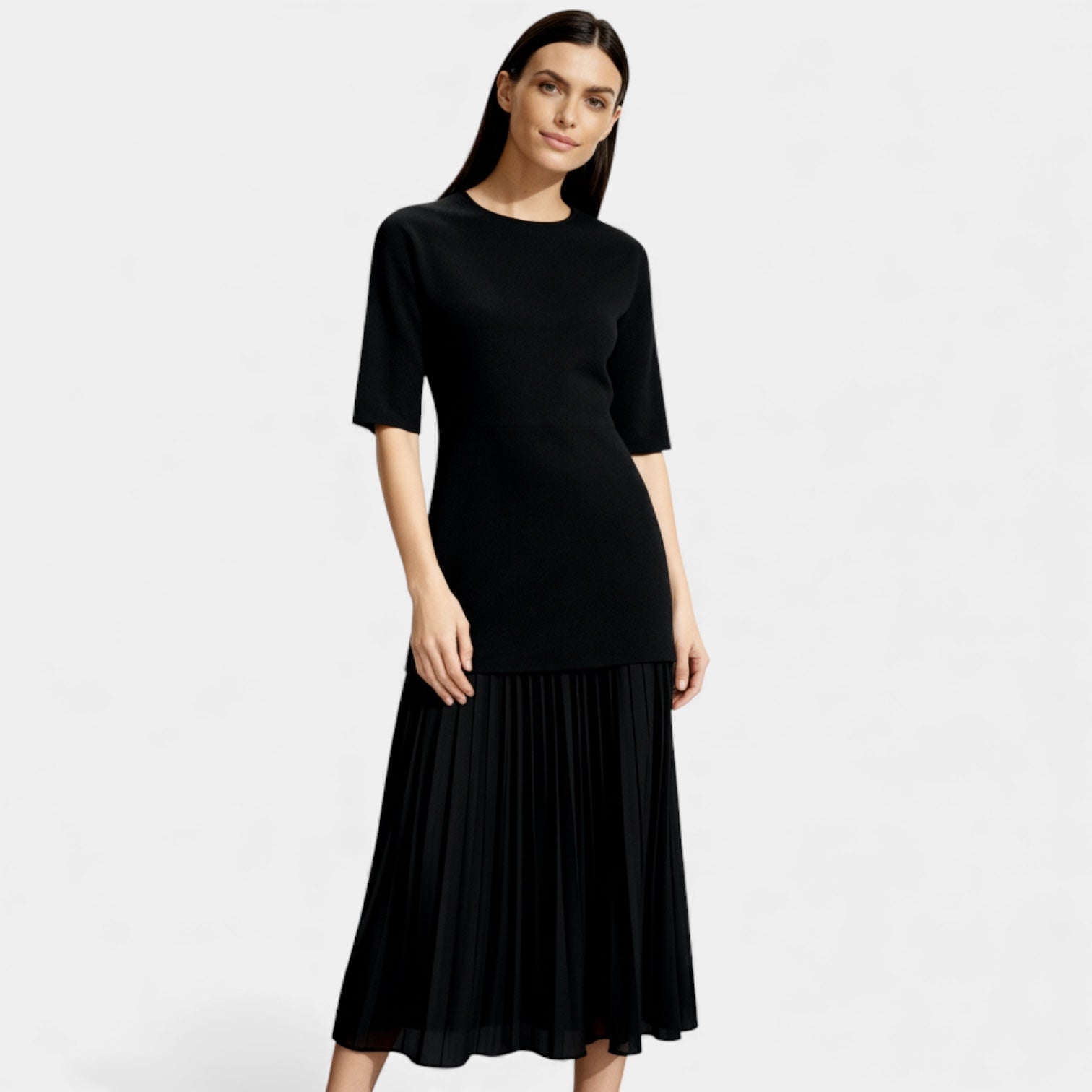 Women’s Elegant Long Sleeve Knit Midi Dress - Pleated