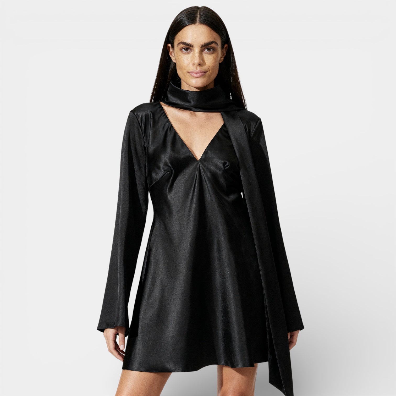 Women's Elegant Satin Tie-Neck Mini Dress