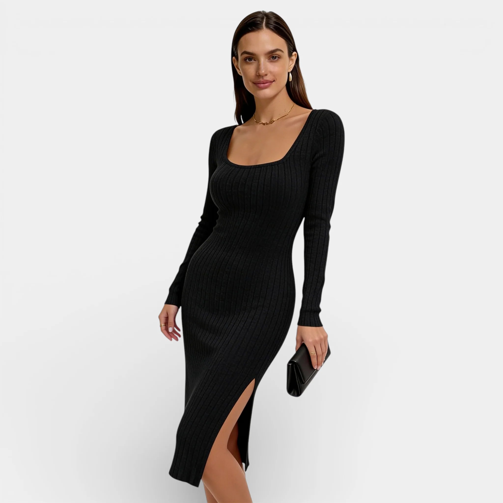 Women’s Ribbed Bodycon Midi Dress - Long Sleeve Neck Split