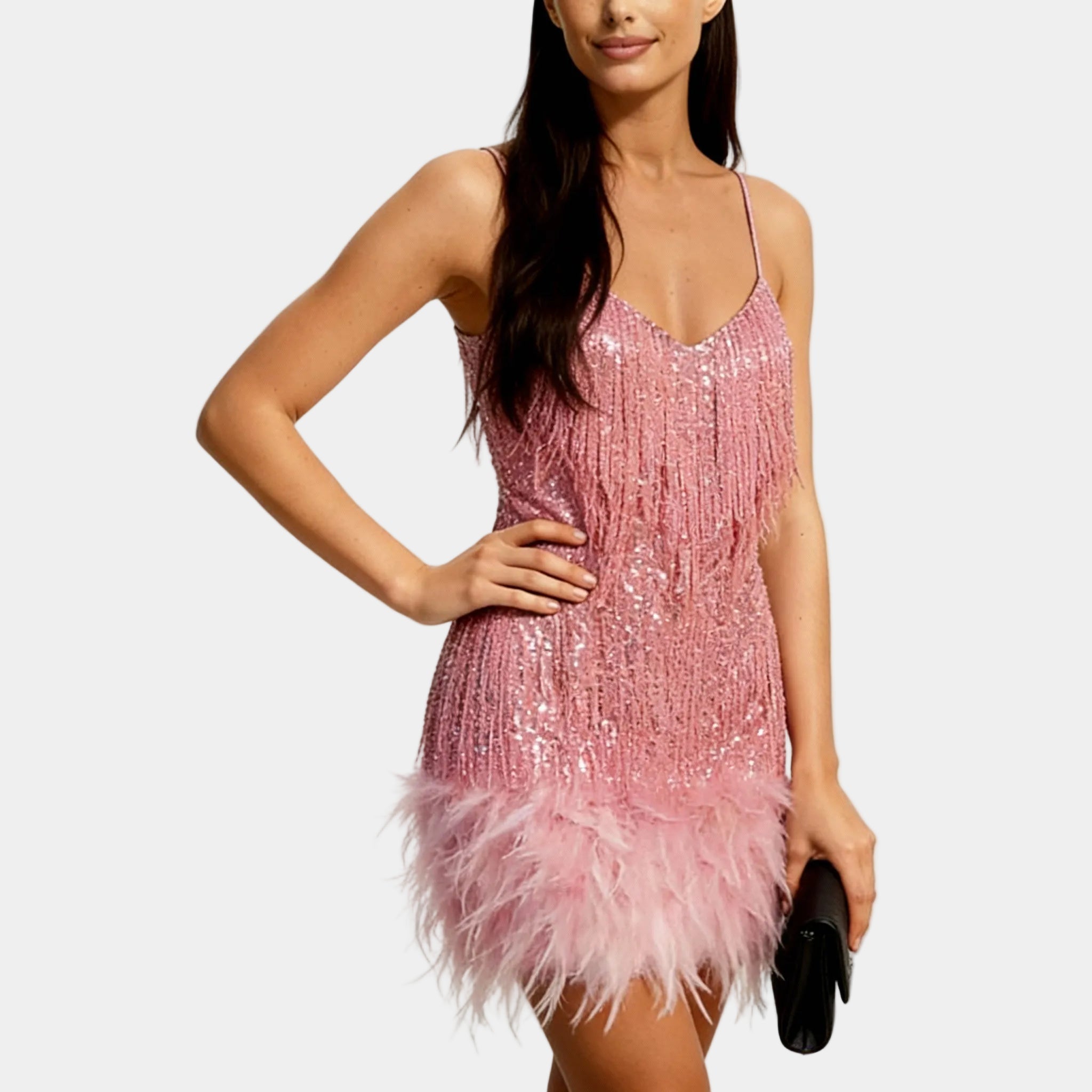Women's Elegant Sequin Feather Mini Dress - Spaghetti Strap
