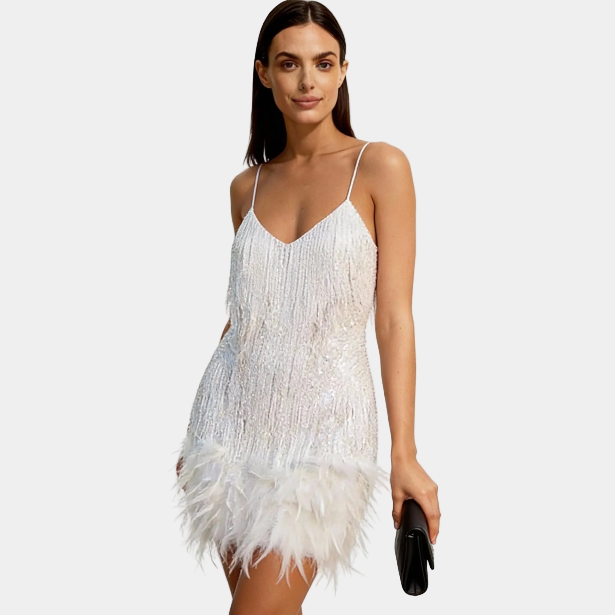 Women's Elegant Sequin Feather Mini Dress - Spaghetti Strap