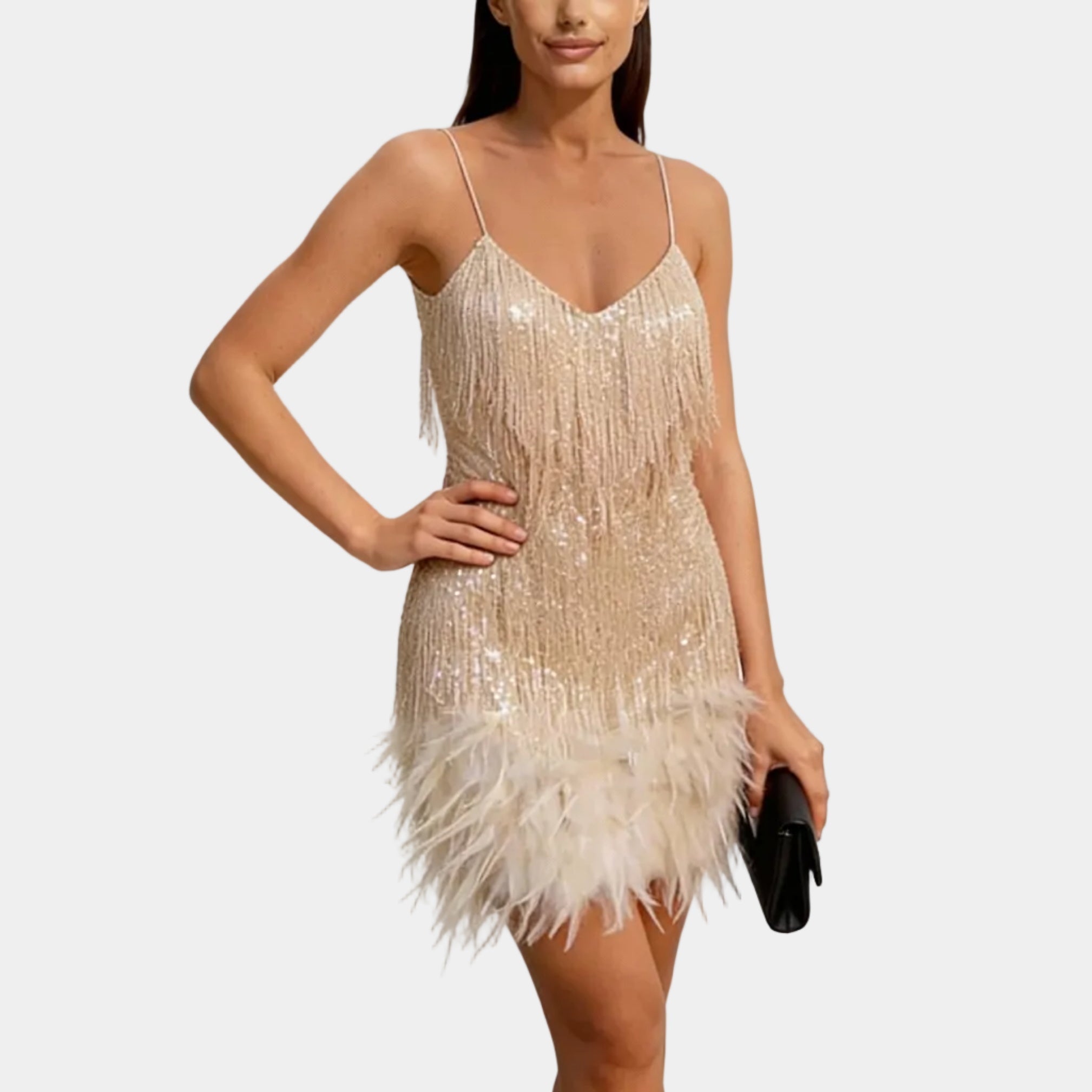 Women's Elegant Sequin Feather Mini Dress - Spaghetti Strap