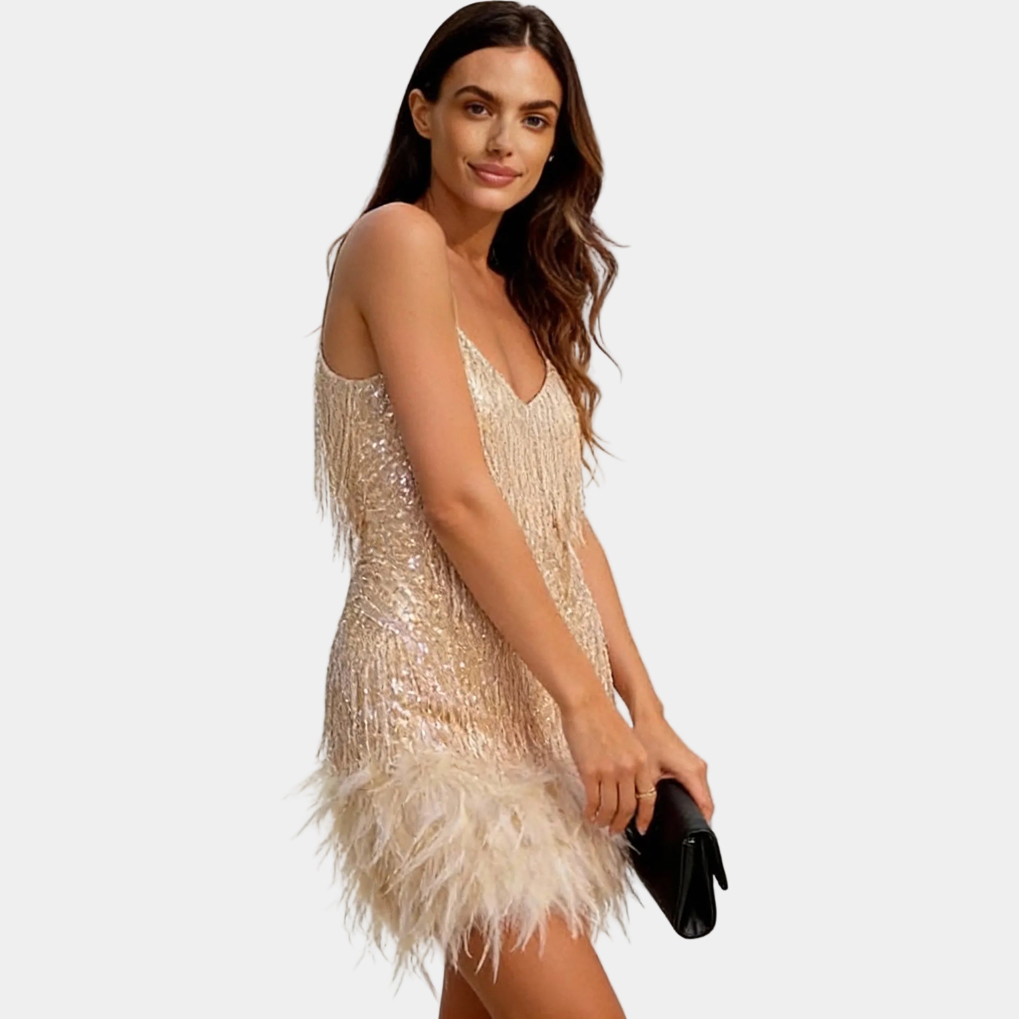 Women's Elegant Sequin Feather Mini Dress - Spaghetti Strap