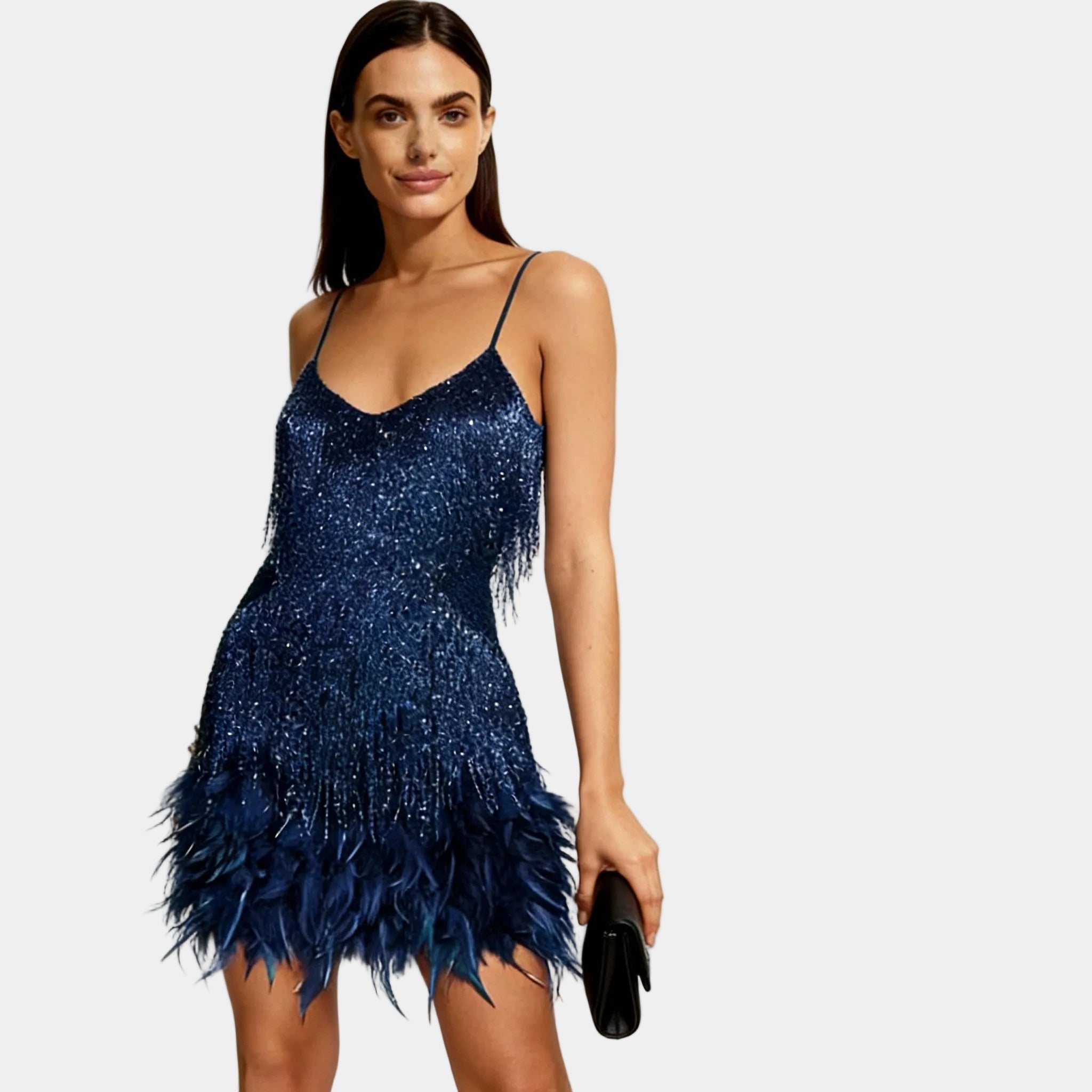Women's Elegant Sequin Feather Mini Dress - Spaghetti Strap