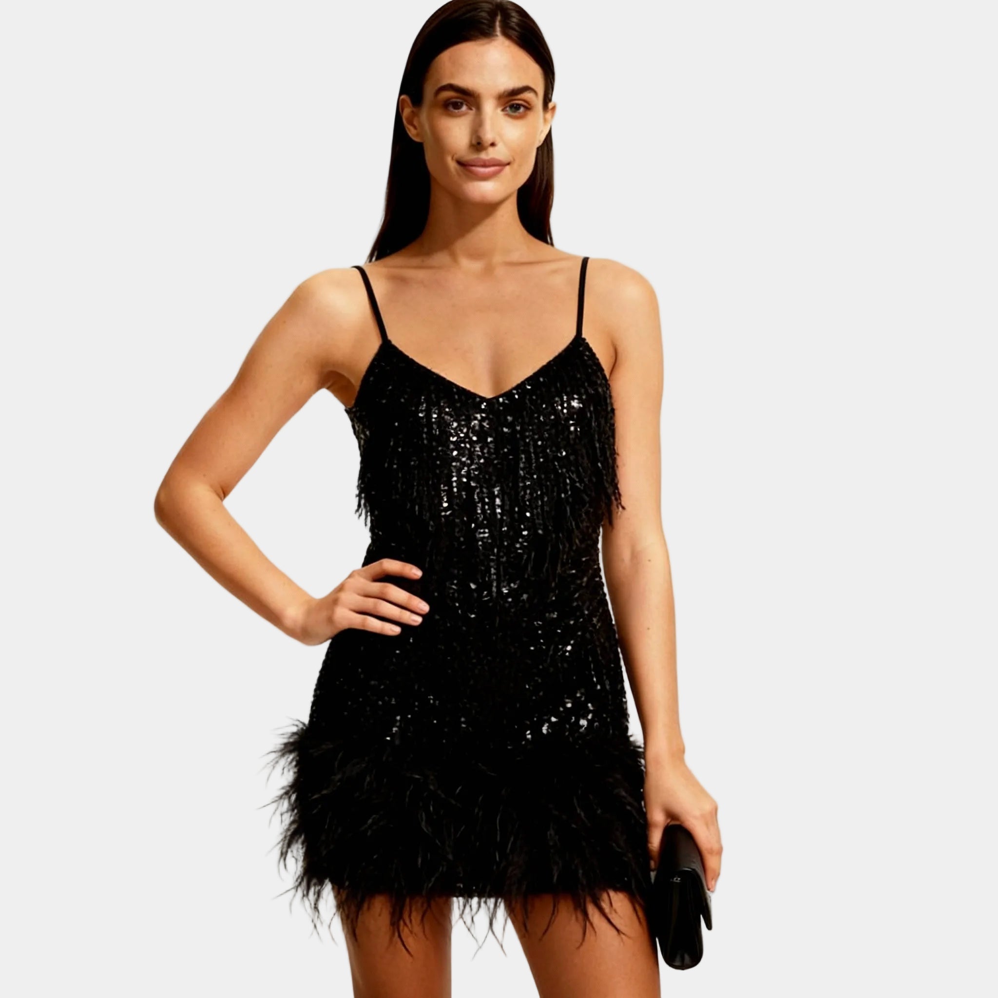 Women's Elegant Sequin Feather Mini Dress - Spaghetti Strap