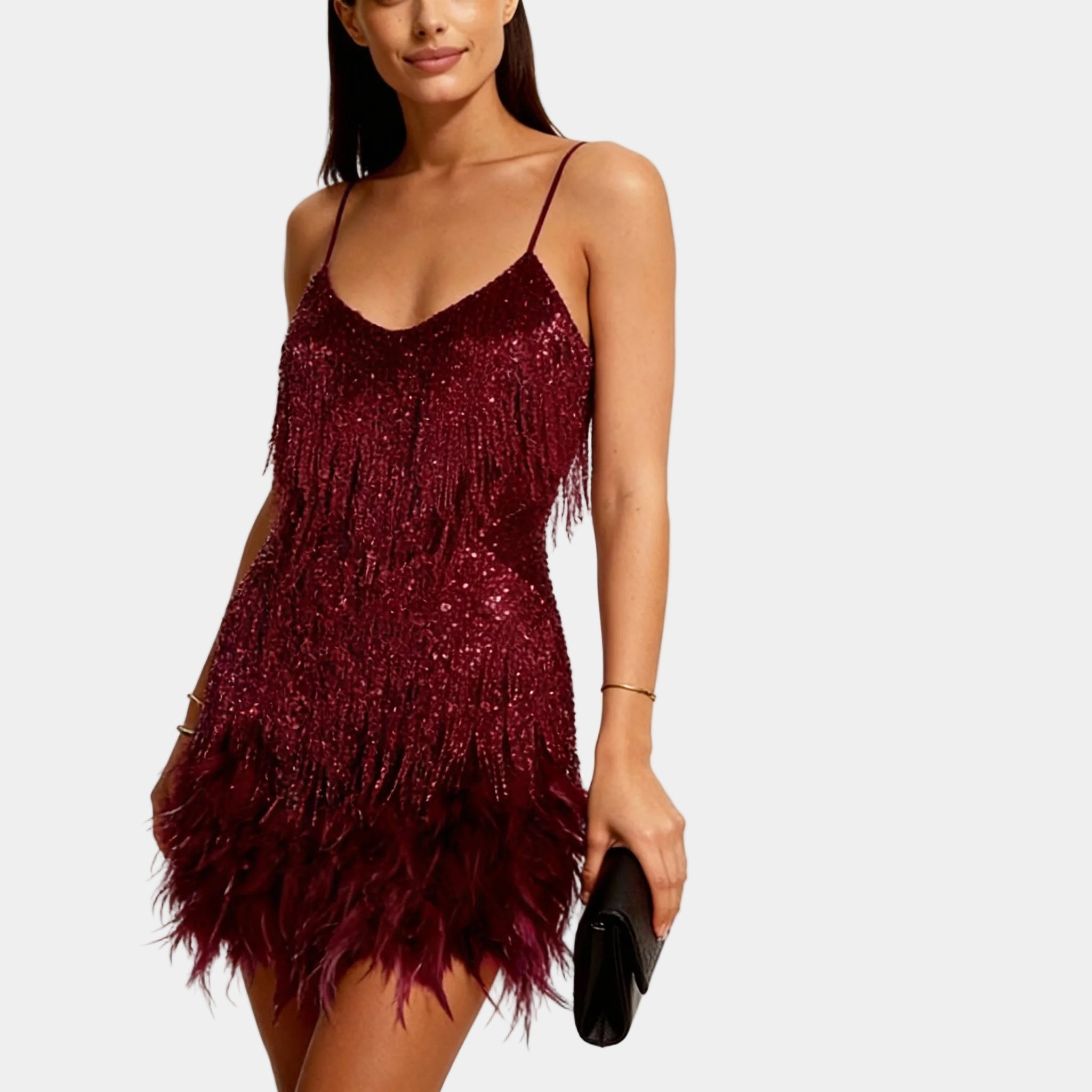 Women's Elegant Sequin Feather Mini Dress - Spaghetti Strap