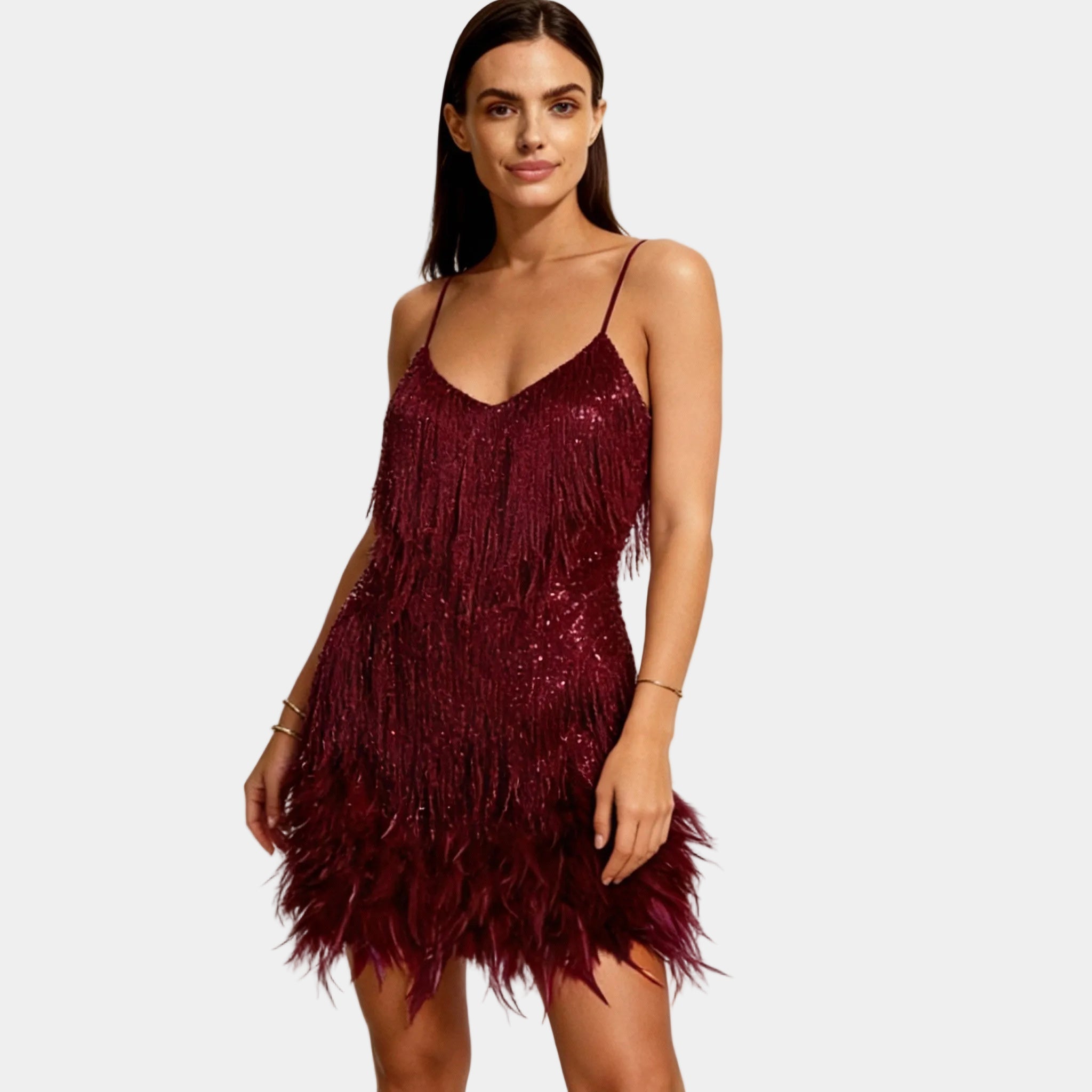 Women's Elegant Sequin Feather Mini Dress - Spaghetti Strap