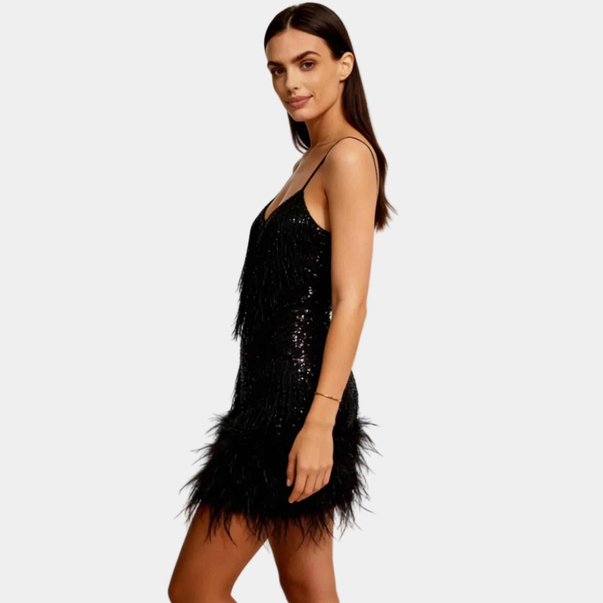 Women's Elegant Sequin Feather Mini Dress - Spaghetti Strap