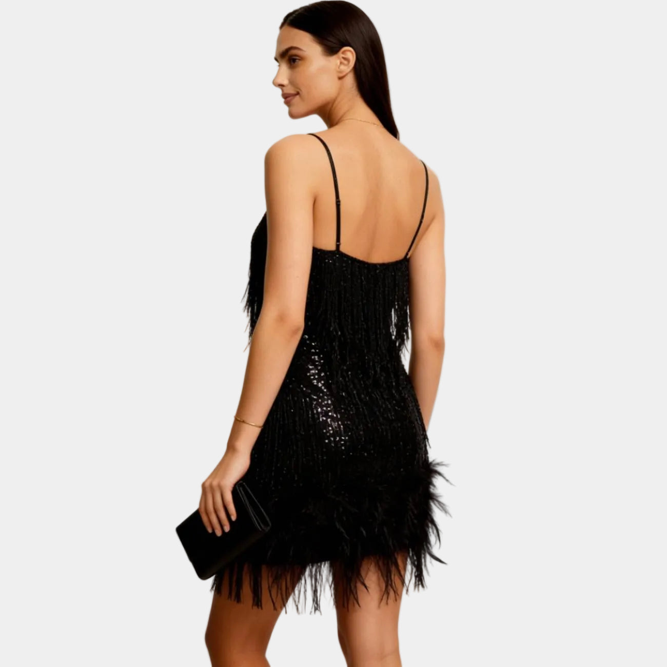 Women's Elegant Sequin Feather Mini Dress - Spaghetti Strap