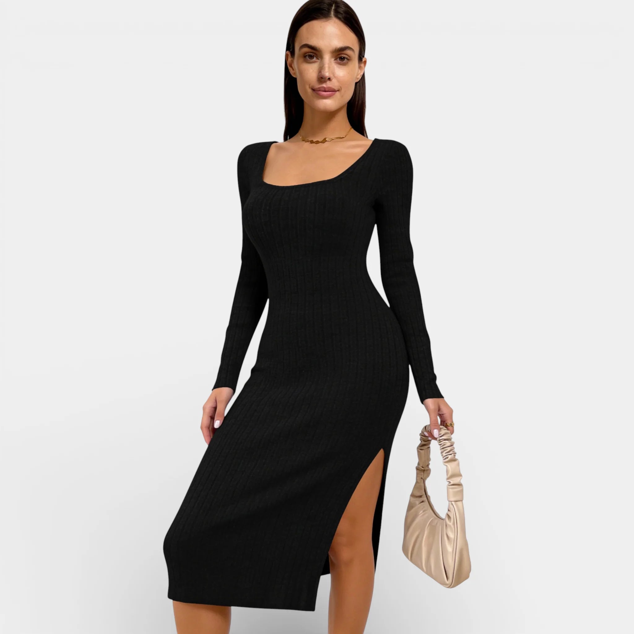Women’s Ribbed Bodycon Midi Dress - Long Sleeve Neck Split