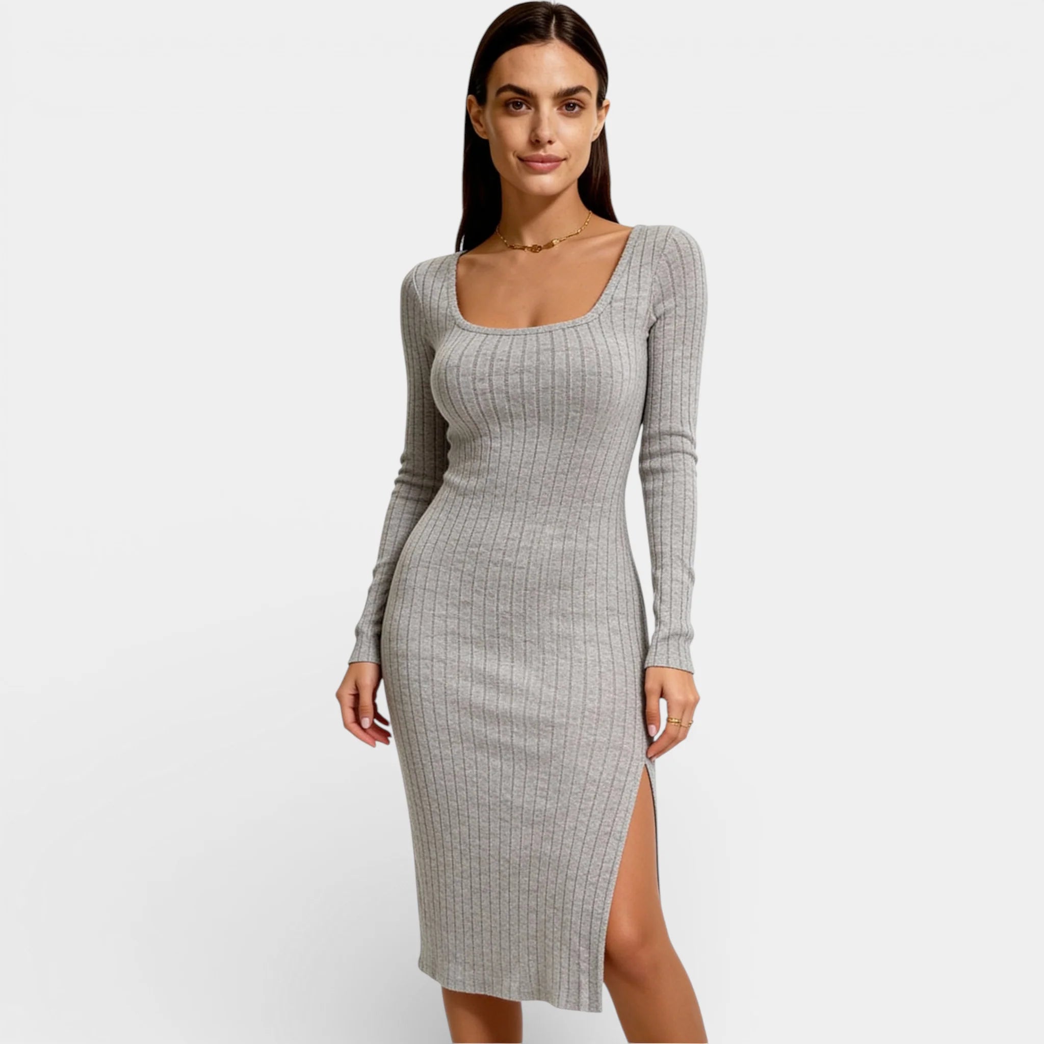 Women’s Ribbed Bodycon Midi Dress - Long Sleeve Neck Split