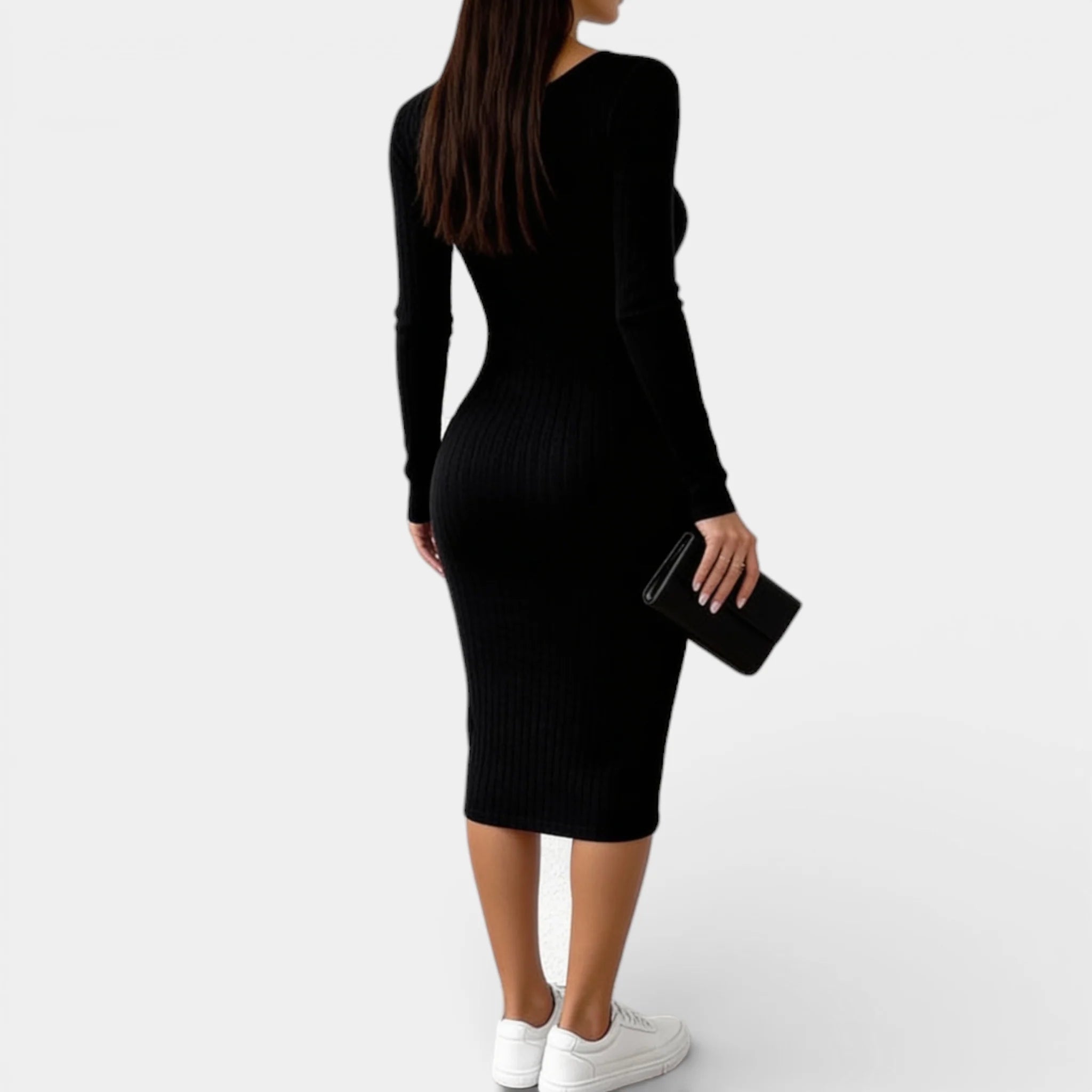 Women’s Ribbed Bodycon Midi Dress - Long Sleeve Neck Split