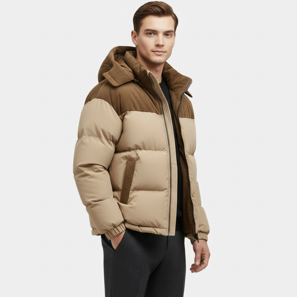 Men’s Corduroy-Trim Puffer Jacket – Detachable Hood