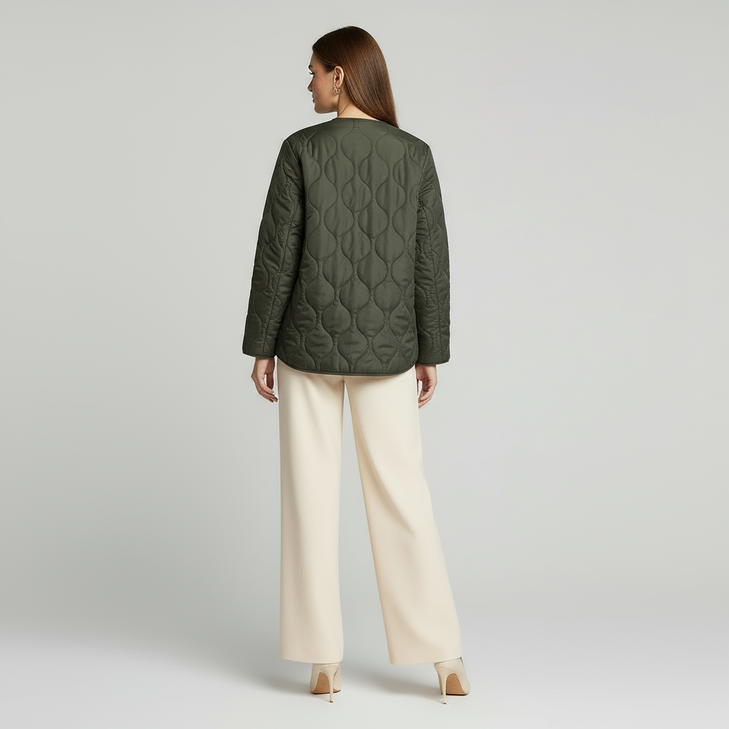 Women's Quilted Jacket with Round Neck and Patch Pockets