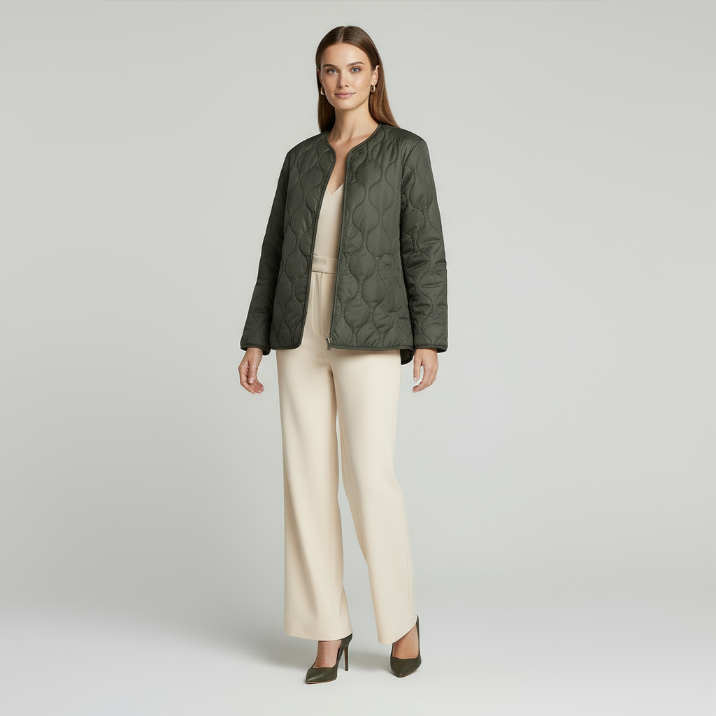 Women's Quilted Jacket with Round Neck and Patch Pockets