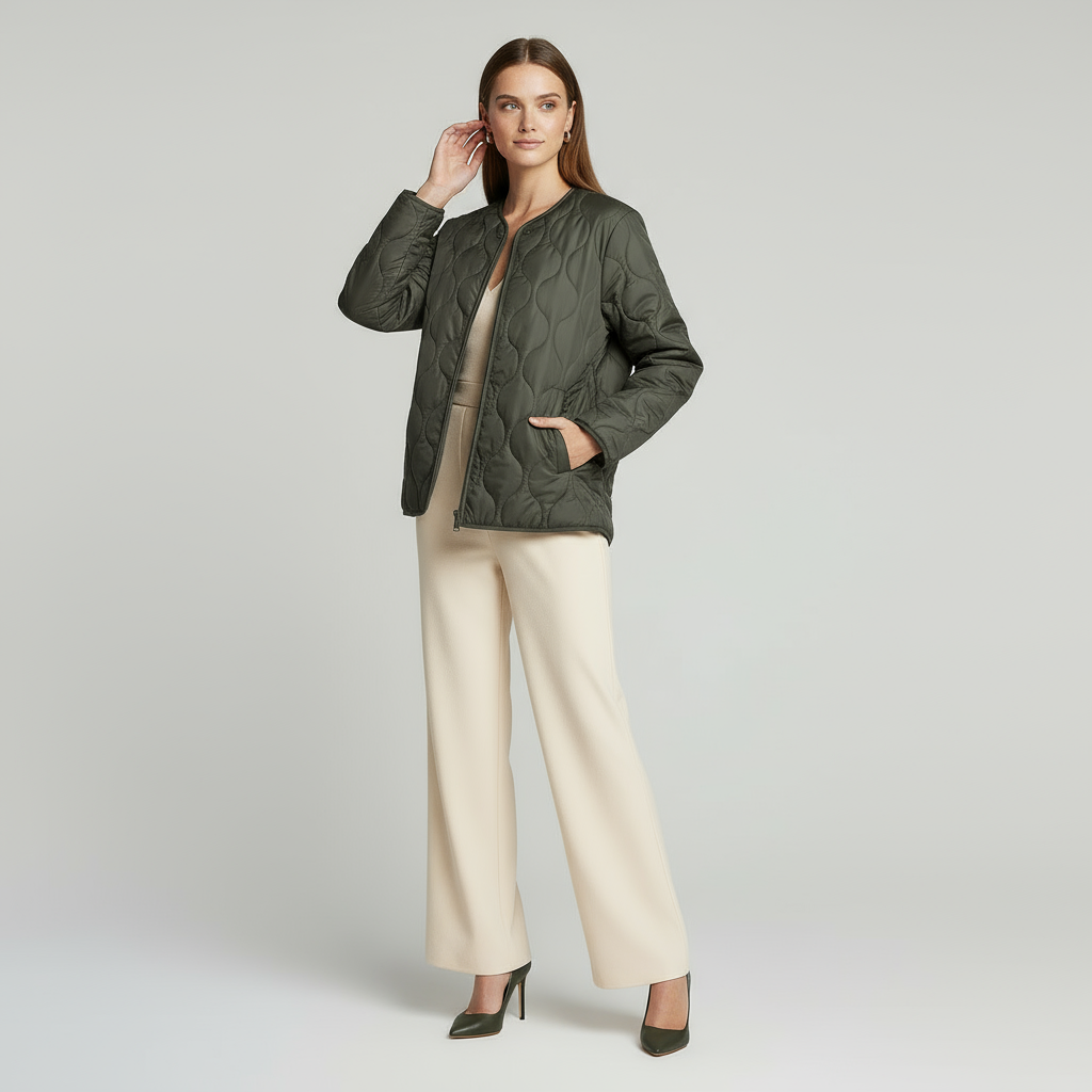 Women's Quilted Jacket with Round Neck and Patch Pockets