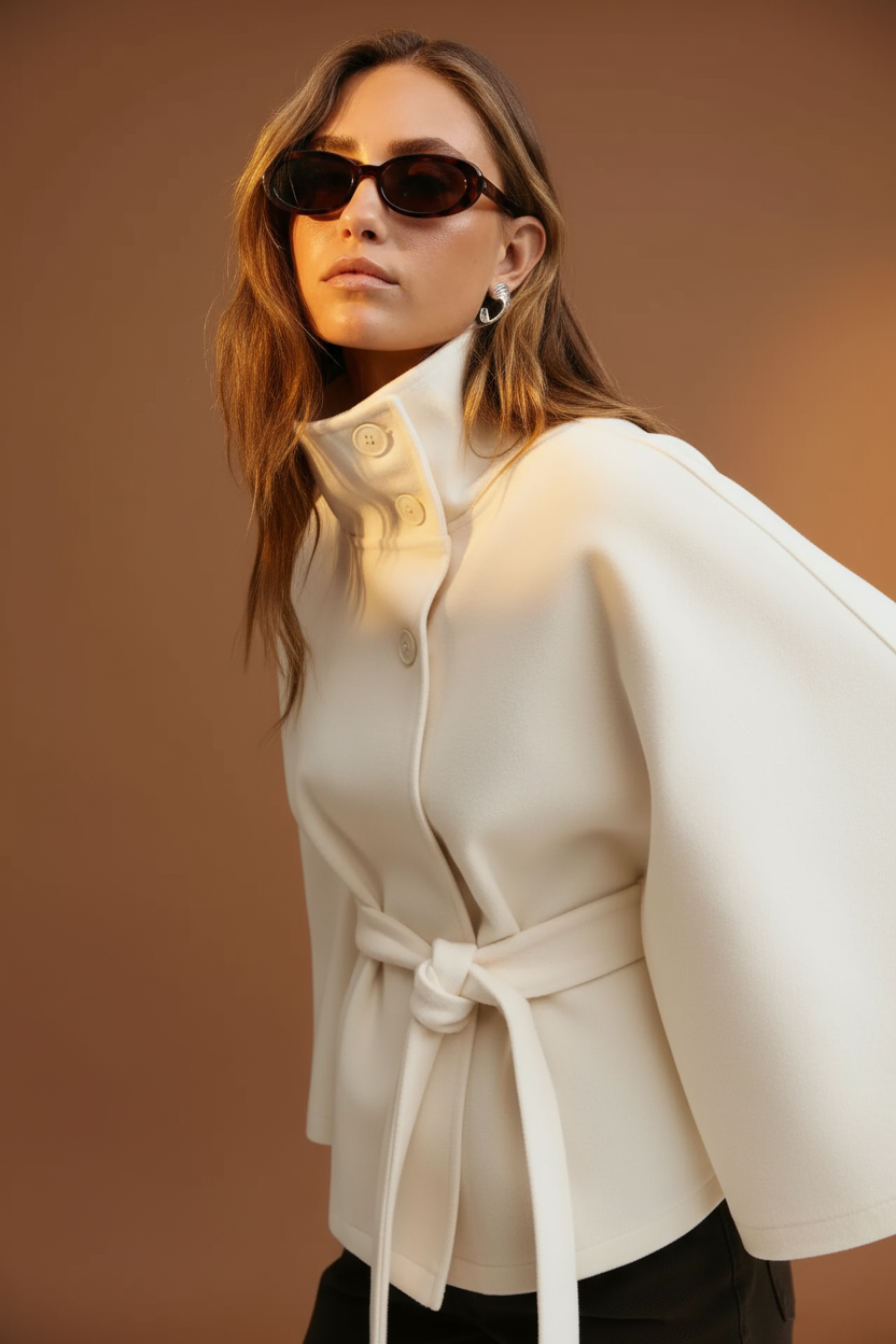 Lara™ | Cape poncho with waist belt and stand-up collar